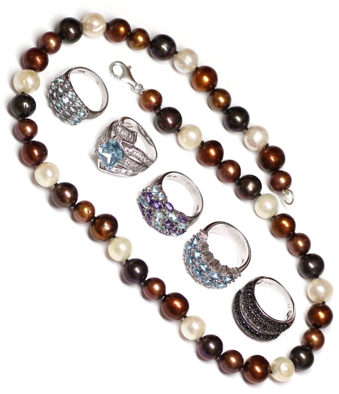 Foto 5 - Fünf Silberringe, hunderte Farbsteine, 10mm Perlenkette, R9925